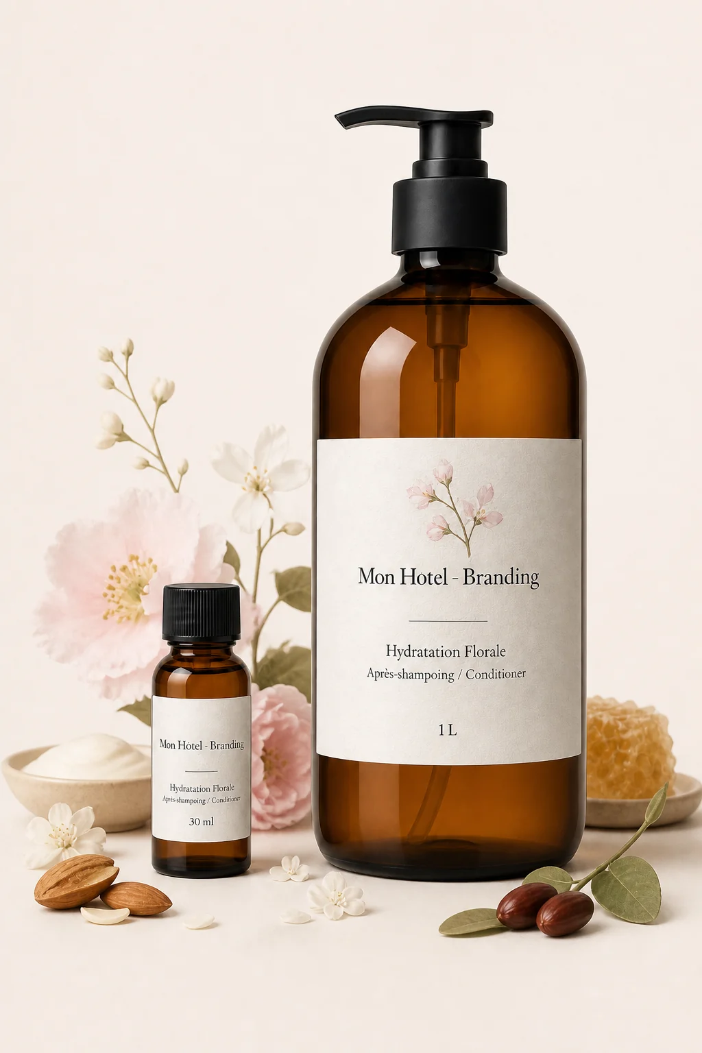 Après-shampoing Hydratation Florale Mon Hôtel - Branding, formats 30 ml et 1 L