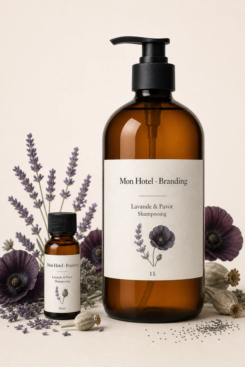 Shampoing Lavande et Pavot Mon Hôtel - Branding, formats 30 ml et 1 L