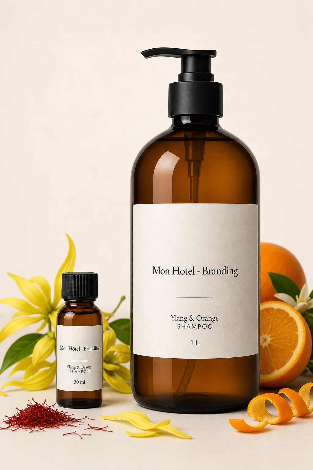 Shampoing Ylang et Orange Mon Hôtel - Branding, formats 30 ml et 1 L